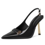 YODEKS Black Slingback Pumps for Women Closed Pointed Toe High Heels Pumps Metal Buckle Stilettos Heel Shoes 4 Inch for Work Casual Party Patent US Size 10