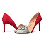 Mettesally Women's Stiletto High Heels Closed Pointed Toe D'Orsay Pumps Snakeskin Dress Shoes Party Wedding Basic Shoes Suede Red US Size 7.5R