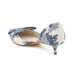 XYD Women D'Orsay Kitten Heel Bridal Bowknot Pumps Elegant Pointed Closed Toe Wedding Prom Shoes (Size 13.5, Blue Bloom Embroidery)