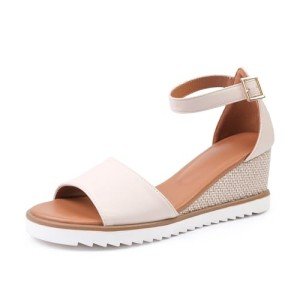 Fashion Thirsty Womens Wedge Heel Summer Sandals Ladies Mid High Party Heels Comfy Open Toe Cosy Wide Fit Strappy Shoes, Cream Fuax Leather, 7 UK X-Wide