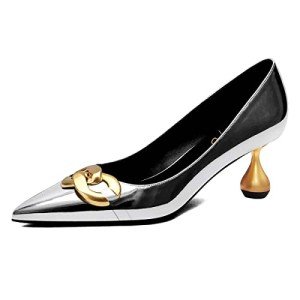 XYD Low Heel Closed Pointed Toe Pumps with Metal Chain Solid Golden Heeled Shoes for Women Slip On Professional Lady Formal Size 15.5 Silver-Glossy