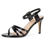 YODEKS Black Strappy Heels for Women Stiletto High Heels Black Heeled Sandals Round Open Toe Heels 3.5 Inch Prom Party Shoes US Size 9.5