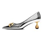 XYD Low Heel Closed Pointed Toe Pumps with Metal Chain Solid Golden Heeled Shoes for Women Slip On Professional Lady Formal Size 15.5 Silver-Glossy