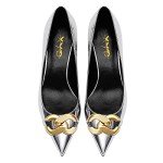 XYD Low Heel Closed Pointed Toe Pumps with Metal Chain Solid Golden Heeled Shoes for Women Slip On Professional Lady Formal Size 15.5 Silver-Glossy