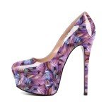 Eldof Women's Platform Heels Slip On Round Closed Toe Stiletto High Heel Pumps Dress Shoes 6 Inches Patent Floral Purple US Size 11