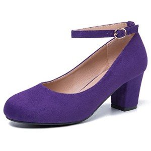 Women's Ankle Strap Heels Closed Toe Bow Low Chunky Heels Pumps Mary Jane Dress Shoes Suede Purple 38 - Insole Length: 24cm/9.45 inch - US 7