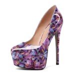 Eldof Women's Platform Heels Slip On Round Closed Toe Stiletto High Heel Pumps Dress Shoes 6 Inches Patent Floral Purple US Size 11
