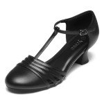YESSA 1920s Shoes for Women Leather/Satin Ballroom Dance Shoes,T-Strap Character Shoes,2"/2.5" Dancing Pumps for Latin Salsa Folklorico Black 8.5