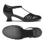 YESSA 1920s Shoes for Women Leather/Satin Ballroom Dance Shoes,T-Strap Character Shoes,2"/2.5" Dancing Pumps for Latin Salsa Folklorico Black 8.5