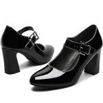 rsxses Mary Jane Heels for Women Chunky Closed Toe High Heels Patent Leather Round Toe Block Heels Ankle Strap Dress Shoes Comfortable Wedding Party Pumps Black Size 10