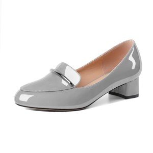 AUMOTED Womens Grey Low Heel Pumps Round Toe Loafers Chunky Heel Fashion Block Dress Shoes Party Casual Solid Patent Leather Grey US Size 9