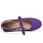 Women's Ankle Strap Heels Closed Toe Bow Low Chunky Heels Pumps Mary Jane Dress Shoes Suede Purple 38 - Insole Length: 24cm/9.45 inch - US 7