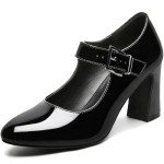 rsxses Mary Jane Heels for Women Chunky Closed Toe High Heels Patent Leather Round Toe Block Heels Ankle Strap Dress Shoes Comfortable Wedding Party Pumps Black Size 10