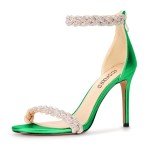 100FIXEO Women's Rhinestone Open Toe Stiletto Heeled Sandals Elegant Ankle Strap Wedding High Heels Sexy Dressy Shoes (Green,10)
