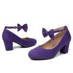 Women's Ankle Strap Heels Closed Toe Bow Low Chunky Heels Pumps Mary Jane Dress Shoes Suede Purple 38 - Insole Length: 24cm/9.45 inch - US 7