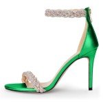100FIXEO Women's Rhinestone Open Toe Stiletto Heeled Sandals Elegant Ankle Strap Wedding High Heels Sexy Dressy Shoes (Green,10)