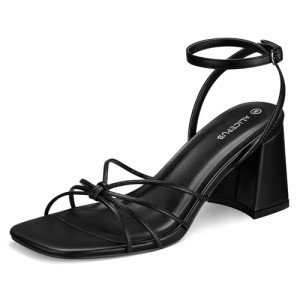 ALICEPUB Black Chunky Block Heels Strappy Heels Square Open Toe Heeled Sandals for Women Short Low Heels Party Causal Dress Shoes, Size 9