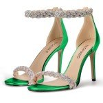 100FIXEO Women's Rhinestone Open Toe Stiletto Heeled Sandals Elegant Ankle Strap Wedding High Heels Sexy Dressy Shoes (Green,10)