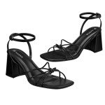 ALICEPUB Black Chunky Block Heels Strappy Heels Square Open Toe Heeled Sandals for Women Short Low Heels Party Causal Dress Shoes, Size 9