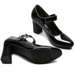 rsxses Mary Jane Heels for Women Chunky Closed Toe High Heels Patent Leather Round Toe Block Heels Ankle Strap Dress Shoes Comfortable Wedding Party Pumps Black Size 10
