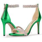 100FIXEO Women's Rhinestone Open Toe Stiletto Heeled Sandals Elegant Ankle Strap Wedding High Heels Sexy Dressy Shoes (Green,10)