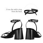 ALICEPUB Black Chunky Block Heels Strappy Heels Square Open Toe Heeled Sandals for Women Short Low Heels Party Causal Dress Shoes, Size 9