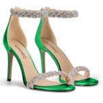 100FIXEO Women's Rhinestone Open Toe Stiletto Heeled Sandals Elegant Ankle Strap Wedding High Heels Sexy Dressy Shoes (Green,10)