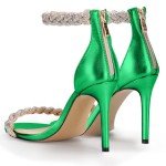 100FIXEO Women's Rhinestone Open Toe Stiletto Heeled Sandals Elegant Ankle Strap Wedding High Heels Sexy Dressy Shoes (Green,10)