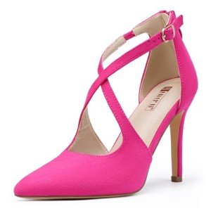 IDIFU Hot Pink Heels Women's Pumps Closed Toe Heels Stiletto High Heels Strappy Heels Wedding Bridal Office Dress Shoes for Women Comfortable Dressy Pointed Toe Zip Pumps Heels(Hot Pink Suede,9.5)
