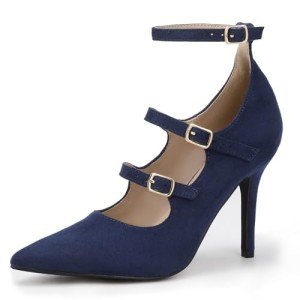 IDIFU IN4 Women's Pumps High Heels Dress Shoes for Women Closed Toe Strappy Heels Wedding Comfortable Dressy Formal Stiletto Ankle Strap Pointed Toe Three Strap Heels Pump Shoes(Navy Blue Suede, 7)