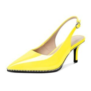 YODEKS Yellow Heels Yellow Slingback Heels for Women Closed Pointed Toe Kitten Heels Low Heels Pumps Beaded Shoes 2.5 Inch for Wedding Party Cocktail Size 7
