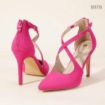 IDIFU Hot Pink Heels Women's Pumps Closed Toe Heels Stiletto High Heels Strappy Heels Wedding Bridal Office Dress Shoes for Women Comfortable Dressy Pointed Toe Zip Pumps Heels(Hot Pink Suede,9.5)