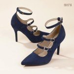 IDIFU IN4 Women's Pumps High Heels Dress Shoes for Women Closed Toe Strappy Heels Wedding Comfortable Dressy Formal Stiletto Ankle Strap Pointed Toe Three Strap Heels Pump Shoes(Navy Blue Suede, 7)