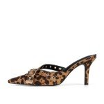 ATBELL Women's Leopard Print Kitten Heel Mules Shoes Closed Pointed Toe Studded Buckled Leather Heeled Sandals Slingback Dressy Pumps