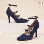 IDIFU IN4 Women's Pumps High Heels Dress Shoes for Women Closed Toe Strappy Heels Wedding Comfortable Dressy Formal Stiletto Ankle Strap Pointed Toe Three Strap Heels Pump Shoes(Navy Blue Suede, 7)