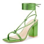Elisabet Tang Women's Strappy Chunky Heels Sandals, Lace Up 3 inch Low Block Heels Ankle Wrap Heel Square Open Toe Tie Up Heeled Sandals Shoes Green Metal Size 9
