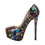Richealnana Women's Platform Stiletto High Heel Pumps Sky High Round Toe Slip On Classic Pumps for Party Prom Dress 6 Inch Pull On Black Graffiti Shoes US 9
