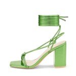 Elisabet Tang Women's Strappy Chunky Heels Sandals, Lace Up 3 inch Low Block Heels Ankle Wrap Heel Square Open Toe Tie Up Heeled Sandals Shoes Green Metal Size 9