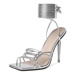 Joseywade Heeled Sandals Strappy Lace Up Square Open Toe Stiletto High Heels 4 Inch Wrap Up Clear Heel Pumps Comfortable Fashion Work Sexy Dance Shoes Metallic Silver US Size 11