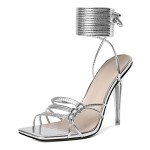 Joseywade Heeled Sandals Strappy Lace Up Square Open Toe Stiletto High Heels 4 Inch Wrap Up Clear Heel Pumps Comfortable Fashion Work Sexy Dance Shoes Metallic Silver US Size 11