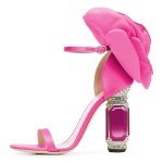 FSJ Women Open Toe Crystal Block Heels Sandals with Flower Bloom Back Ankle Strap Buckle Silk Satin Chunky Thick High Heels Wedding Pump Shoes Size 9.5 Pink