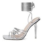 Joseywade Heeled Sandals Strappy Lace Up Square Open Toe Stiletto High Heels 4 Inch Wrap Up Clear Heel Pumps Comfortable Fashion Work Sexy Dance Shoes Metallic Silver US Size 11