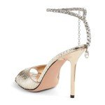 FSJ Women Crystal Chain Ankle Straps Heeled Sandals Square Open Toe Rhinestones Buckle Sexy Strappy Stiletto Evening Party Dress Shoes Size 10 Light Gold