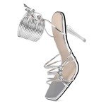 Joseywade Heeled Sandals Strappy Lace Up Square Open Toe Stiletto High Heels 4 Inch Wrap Up Clear Heel Pumps Comfortable Fashion Work Sexy Dance Shoes Metallic Silver US Size 11