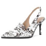 SAMMITOP Women's Slingback Stiletto High Heels Pointed Toe Metal Buckle Beaded Pumps Loafers Faux Leather Fashion Work Office Dress Shoes 3.5 Inch Floral Ink US Size 6.5