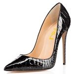 FSJ Women Formal Pointed Toe Pumps High Heel Stilettos Sexy Slip On Snakeskin Dress Shoes Size 7 Black Snake