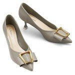 C.Paravano Metal Buckle Pointy Pumps Heels for Women Sexy Wedding Shoes Dressy Low Heel for Formal Events Work Casual Heels Leather Pumps for Office Attire(Grey,Size 9.5)