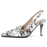 SAMMITOP Women's Slingback Stiletto High Heels Pointed Toe Metal Buckle Beaded Pumps Loafers Faux Leather Fashion Work Office Dress Shoes 3.5 Inch Floral Ink US Size 6.5