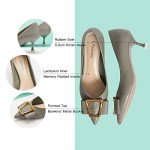 C.Paravano Metal Buckle Pointy Pumps Heels for Women Sexy Wedding Shoes Dressy Low Heel for Formal Events Work Casual Heels Leather Pumps for Office Attire(Grey,Size 9.5)