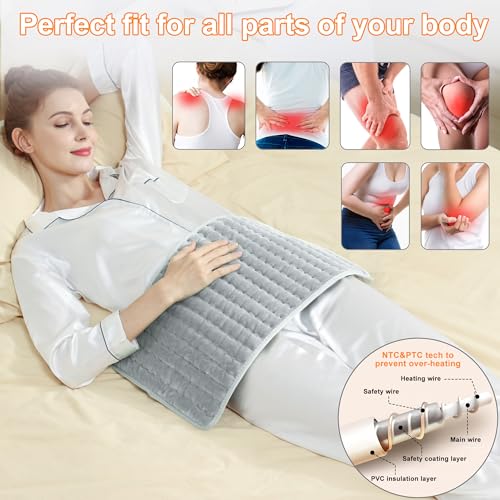 Heating Pad-Electric Heating Pads for Back,Neck,Abdomen,Moist Heated Pad for Shoulder,Knee,Hot Pad for Arms and Legs,Dry&Moist Heat & Auto Shut Off,Gifts for Women Men(Light Gray, 12''×24')